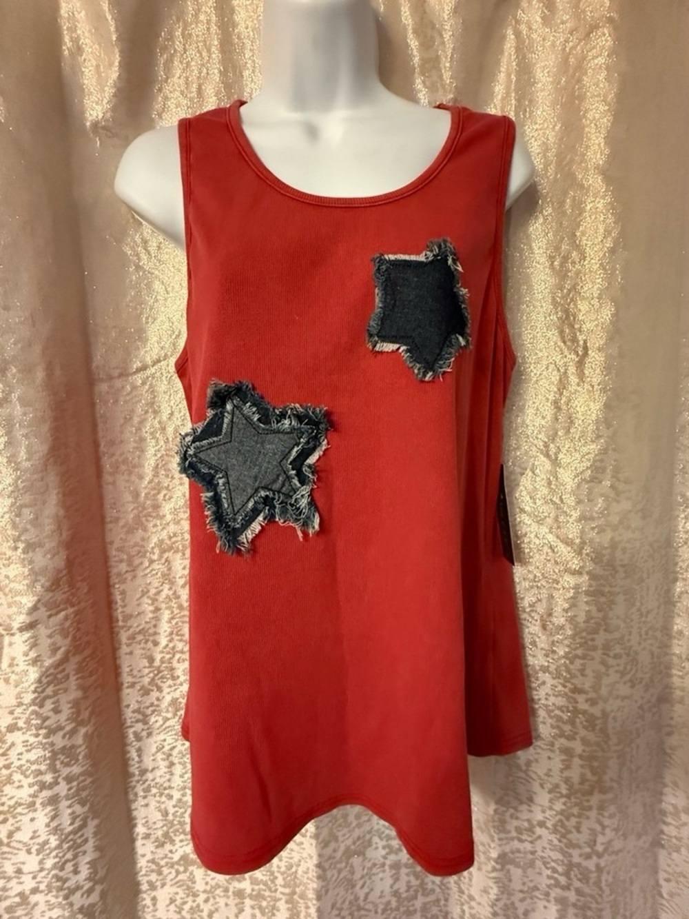 Scarlett Red Sleeveless Tank with Frayed Denim Star Patches